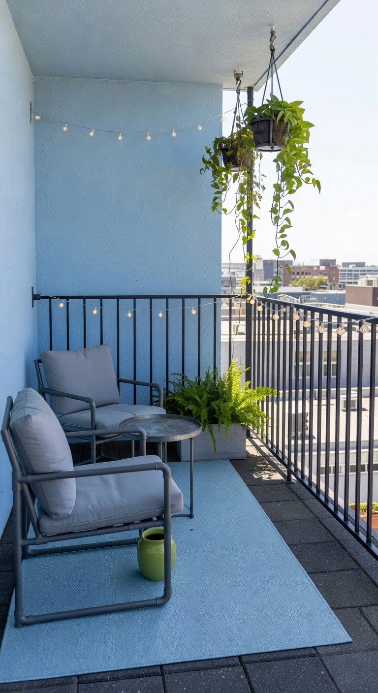 powder blue industrial balcony retreat
