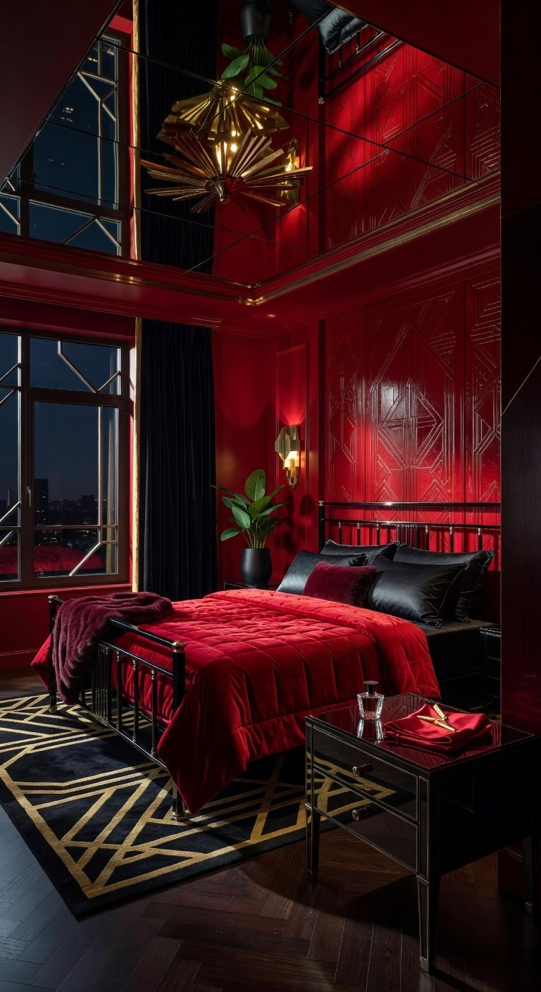 radiant red art deco bedroom