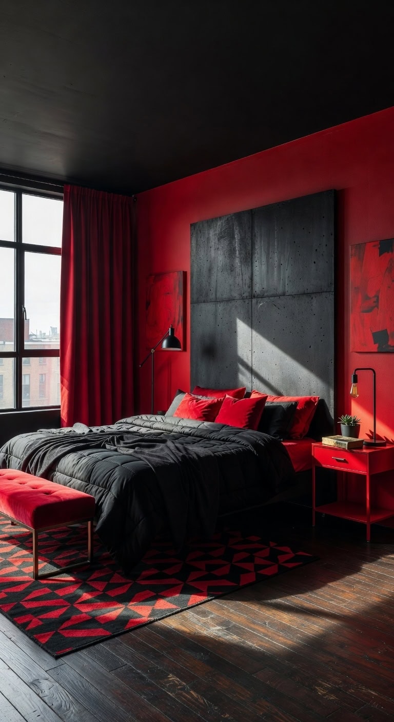 red black industrial loft bedroom
