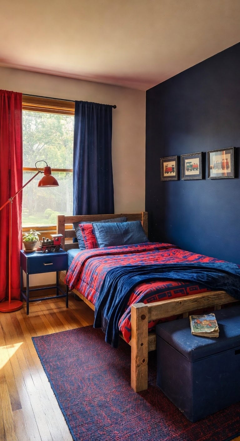 red blue train bedroom
