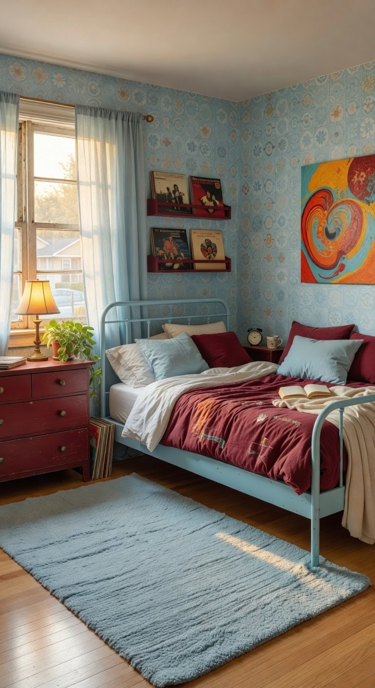 retro bedroom baby blue burgundy
