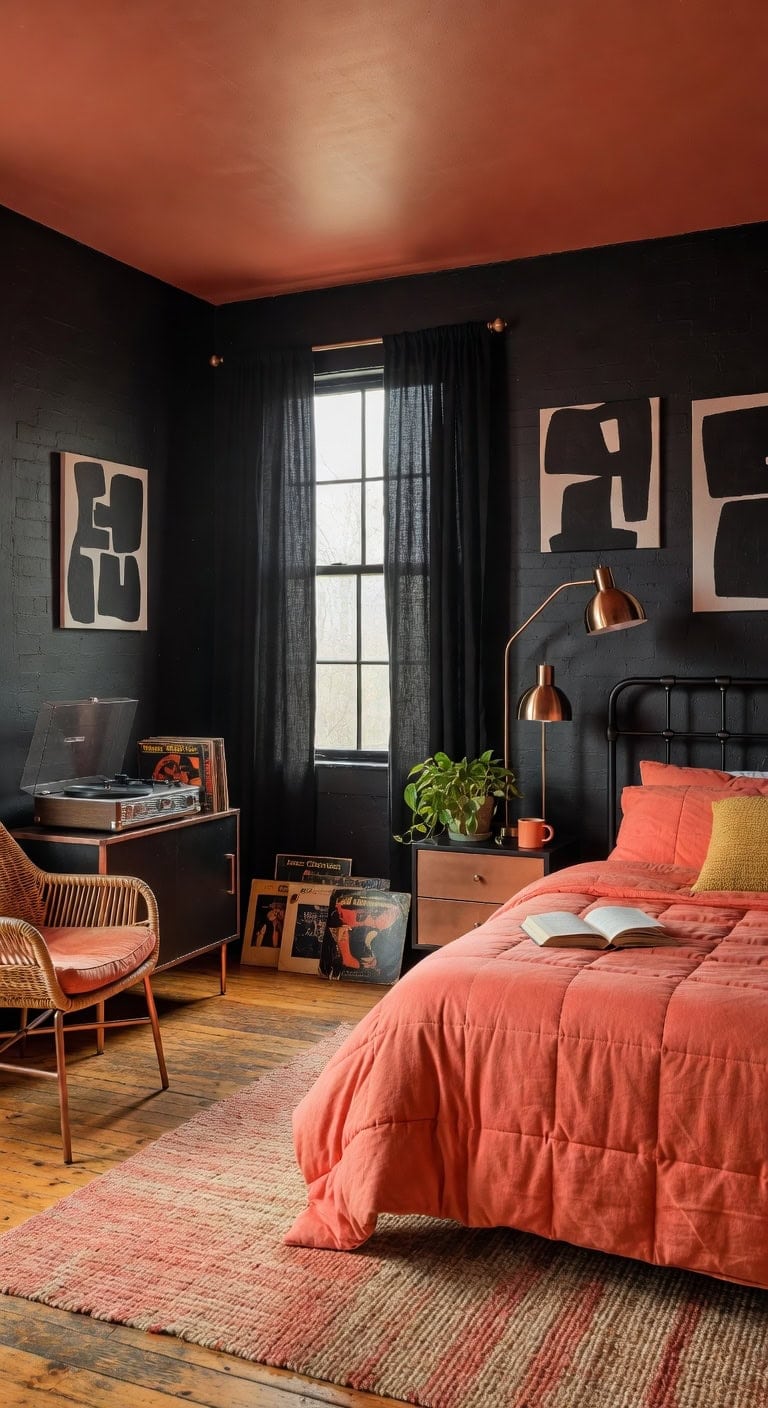 retro black coral copper bedroom