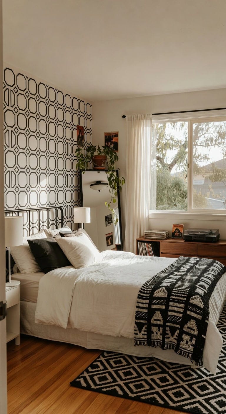 retro black white bedroom