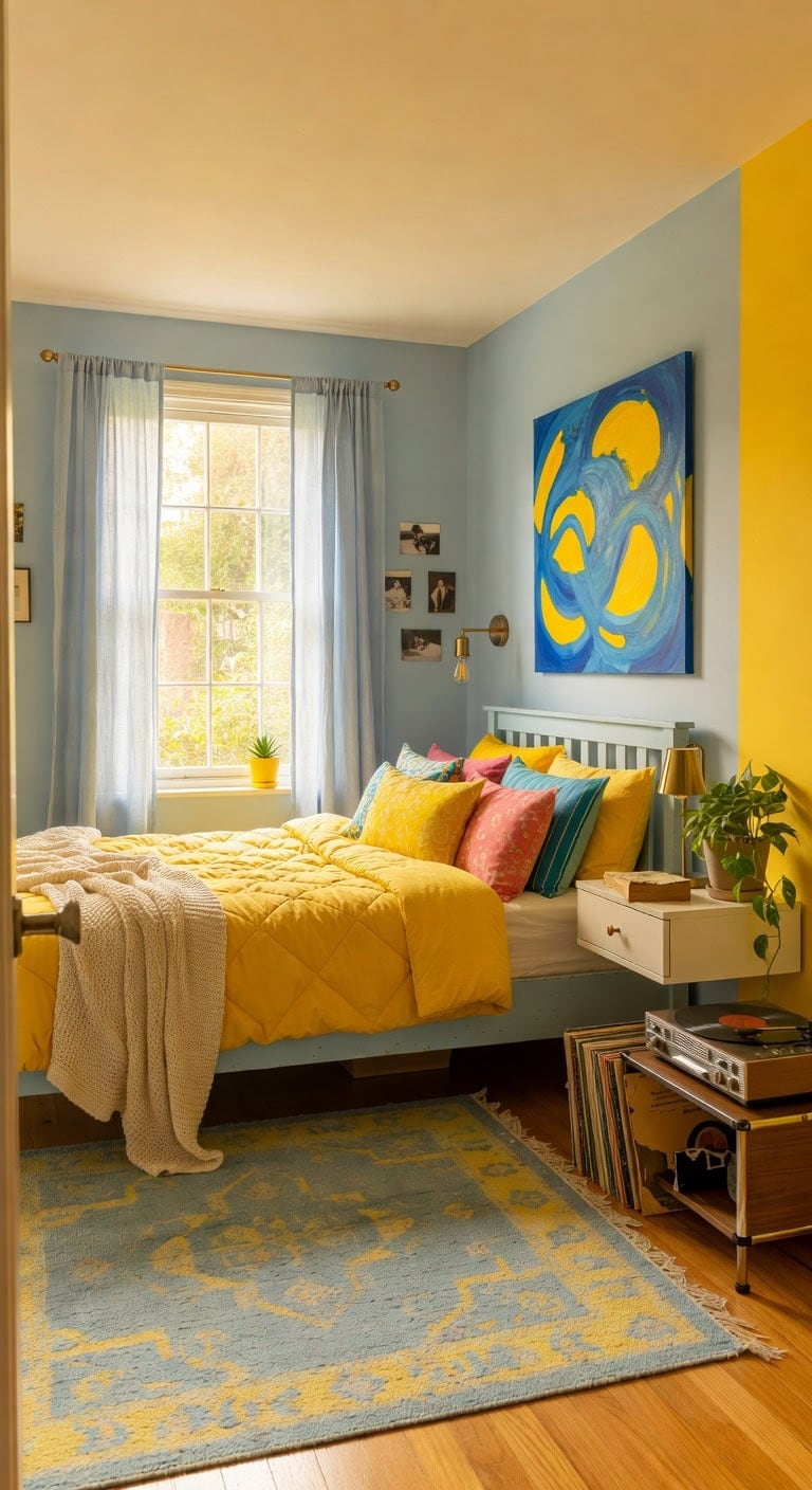 retro blue yellow eclectic bedroom