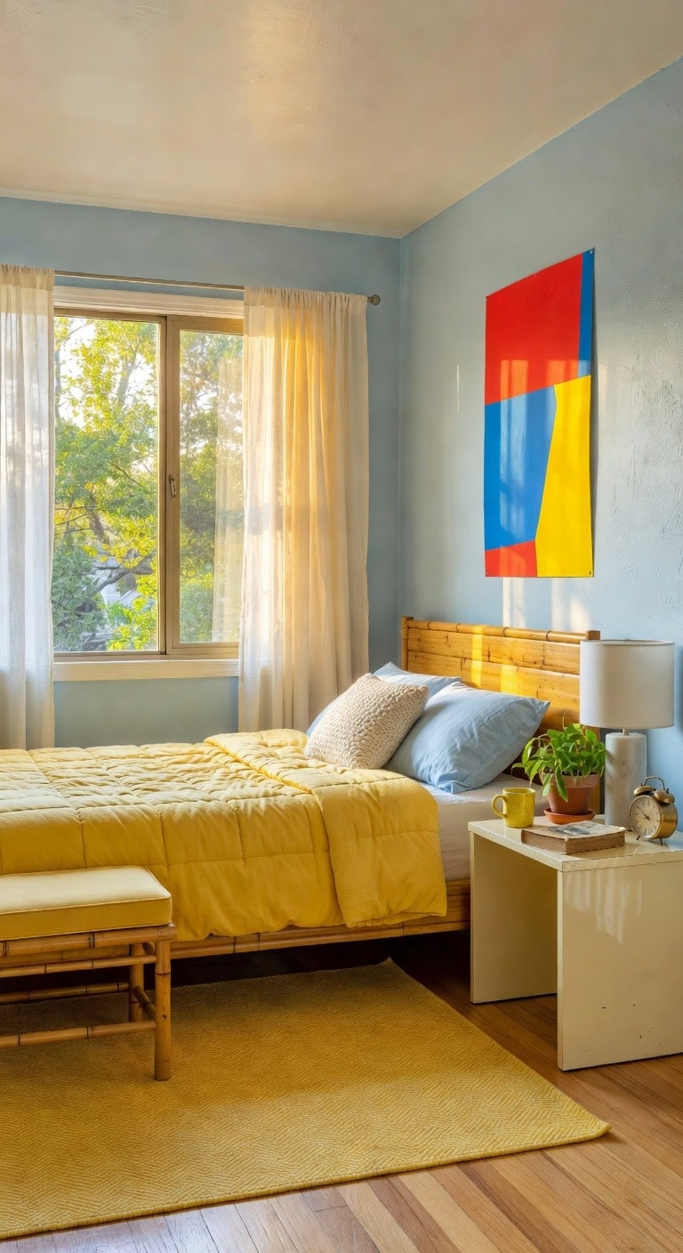 retro bright blue bedroom