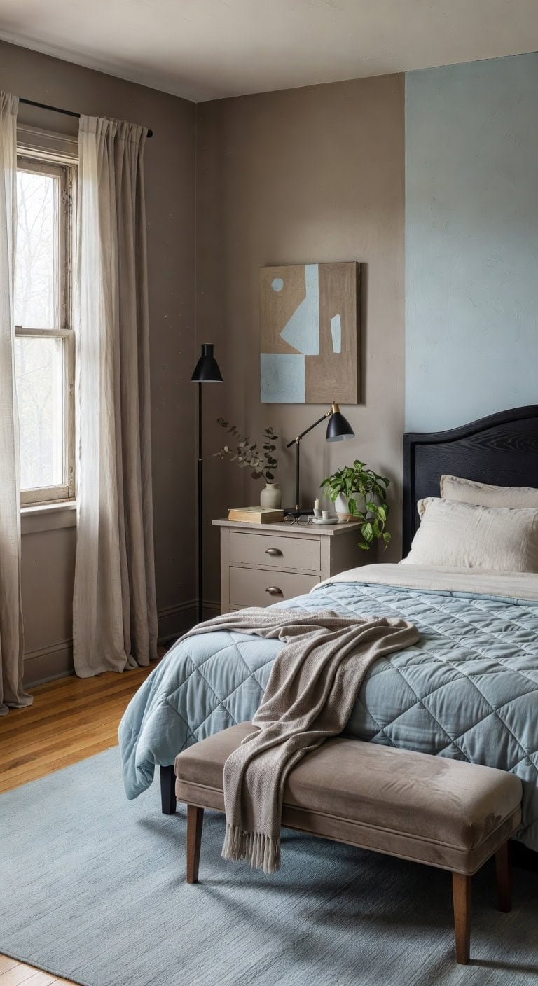 retro taupe blue bedroom