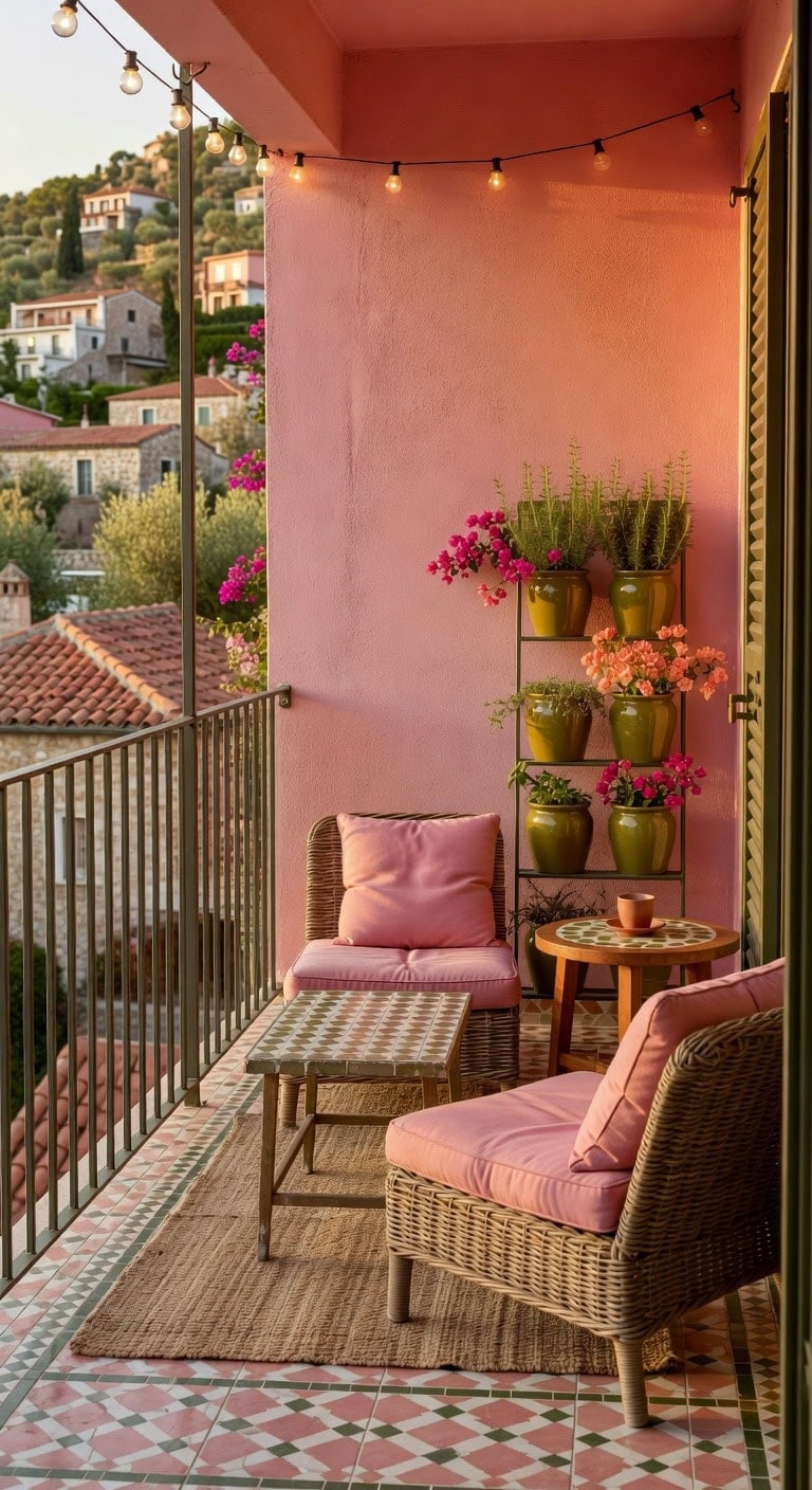 rose pink mediterranean balcony nook
