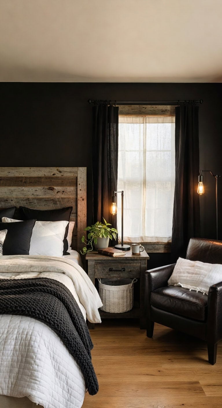 rustic black white bedroom