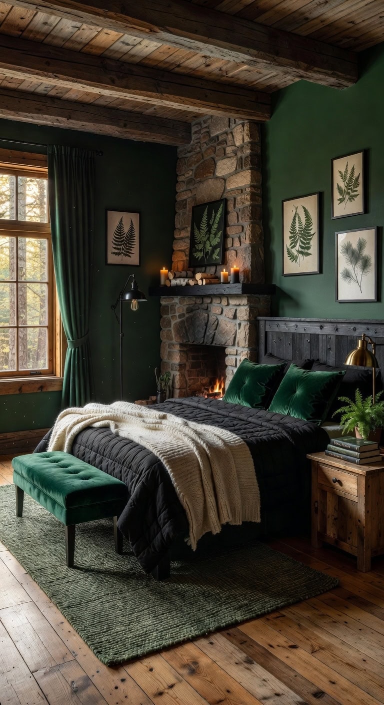 rustic green black cabin bedroom