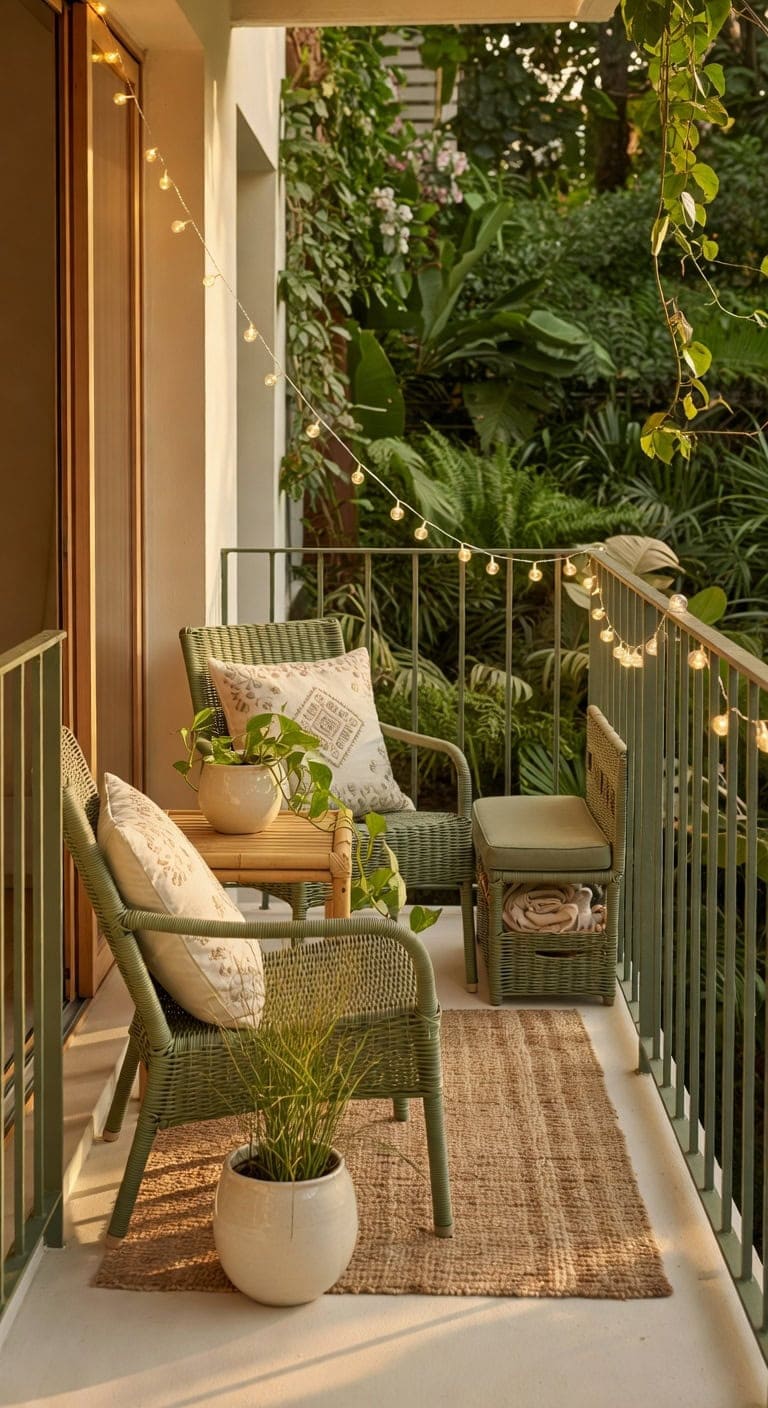 sage green cozy boho balcony
