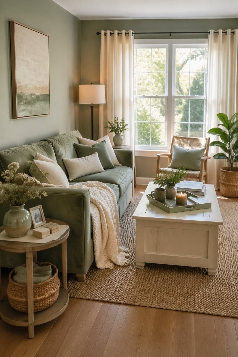 sage green creamy living room