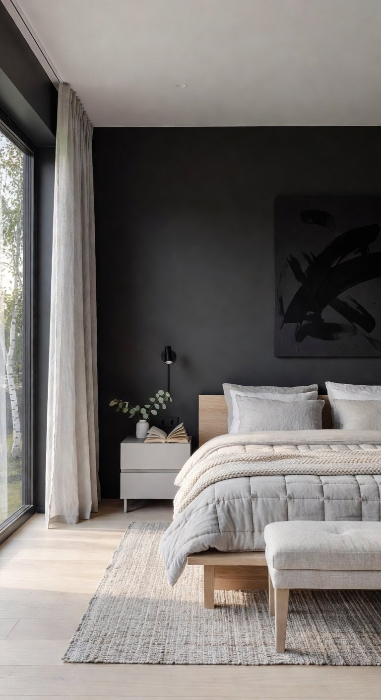 scandinavian bedroom with black wall
