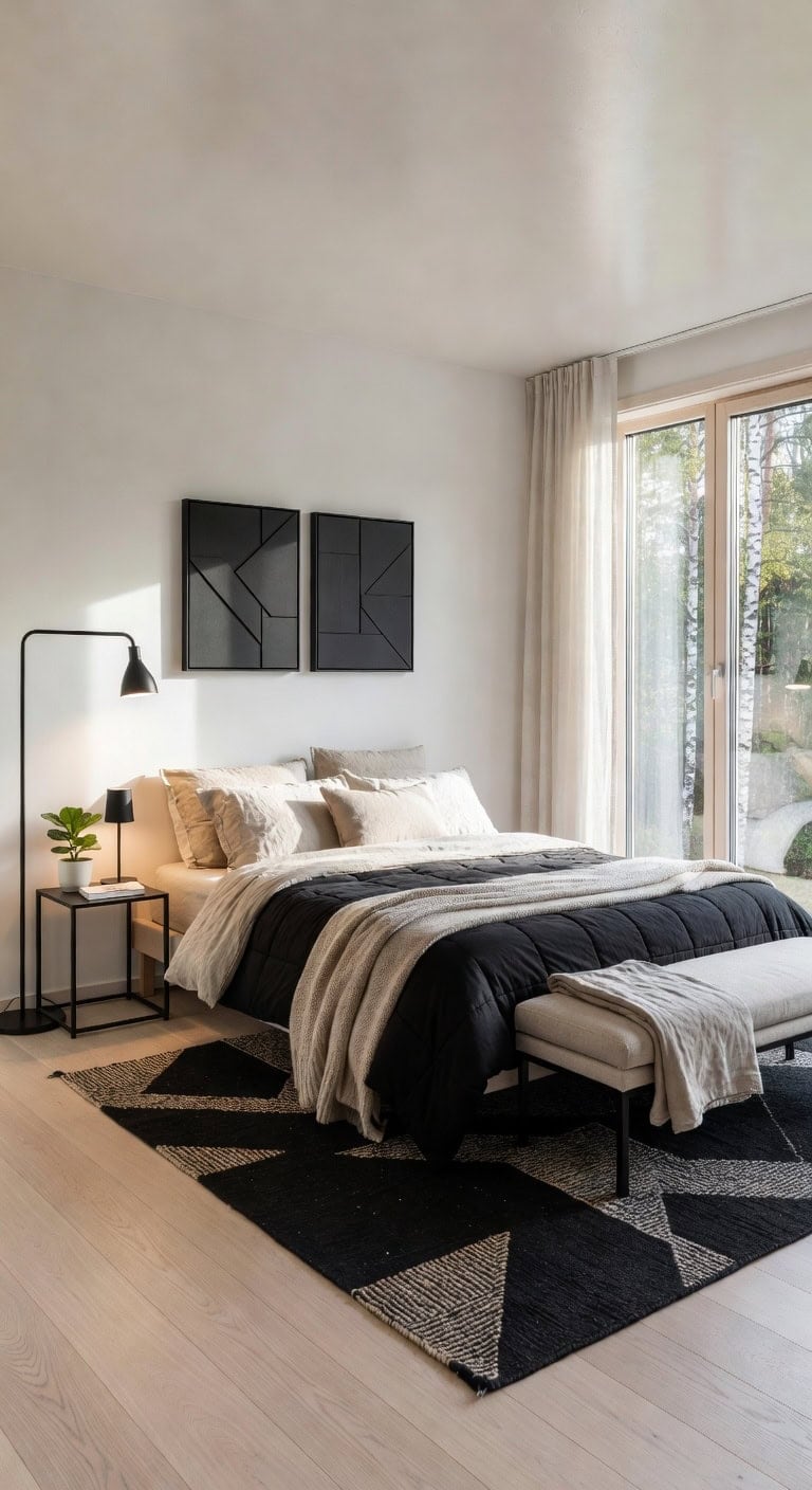 scandinavian black geometric bedroom