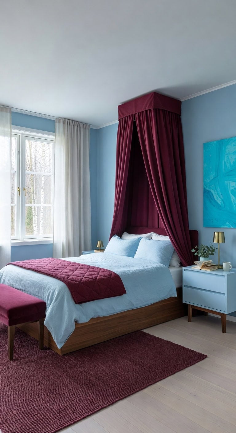 scandinavian blue burgundy bedroom