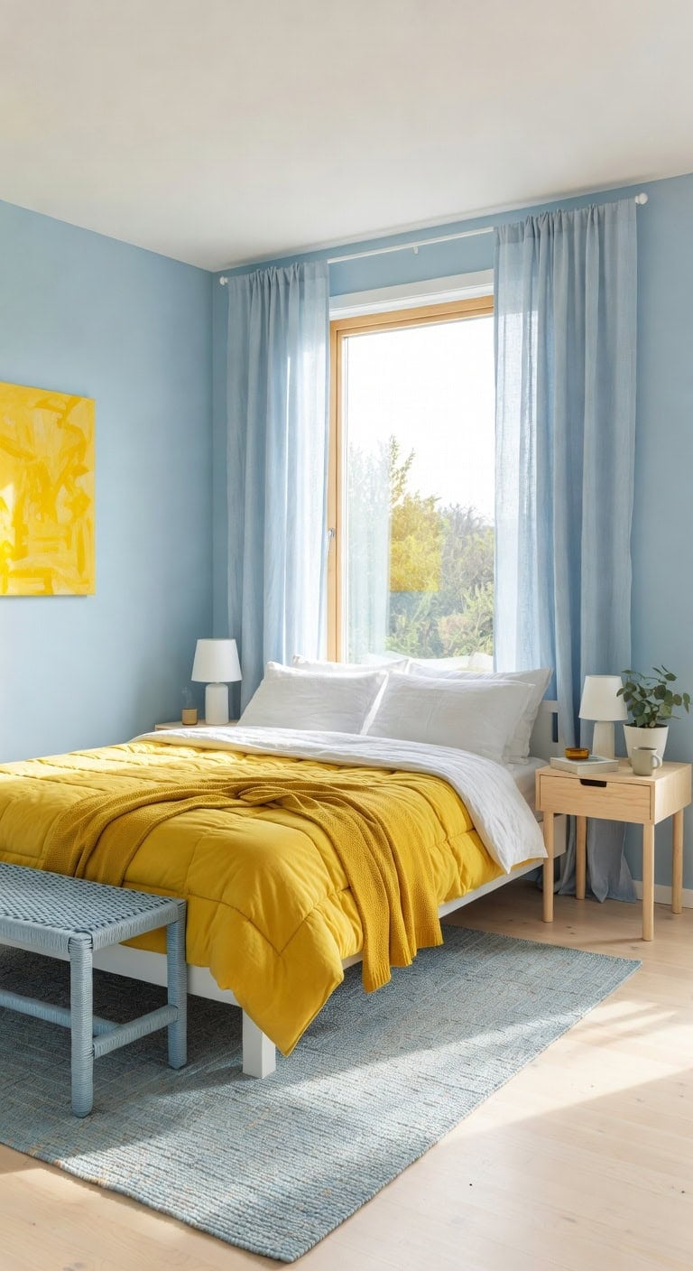 scandinavian blue yellow bedroom