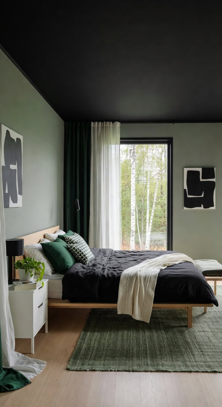 scandinavian green black bedroom