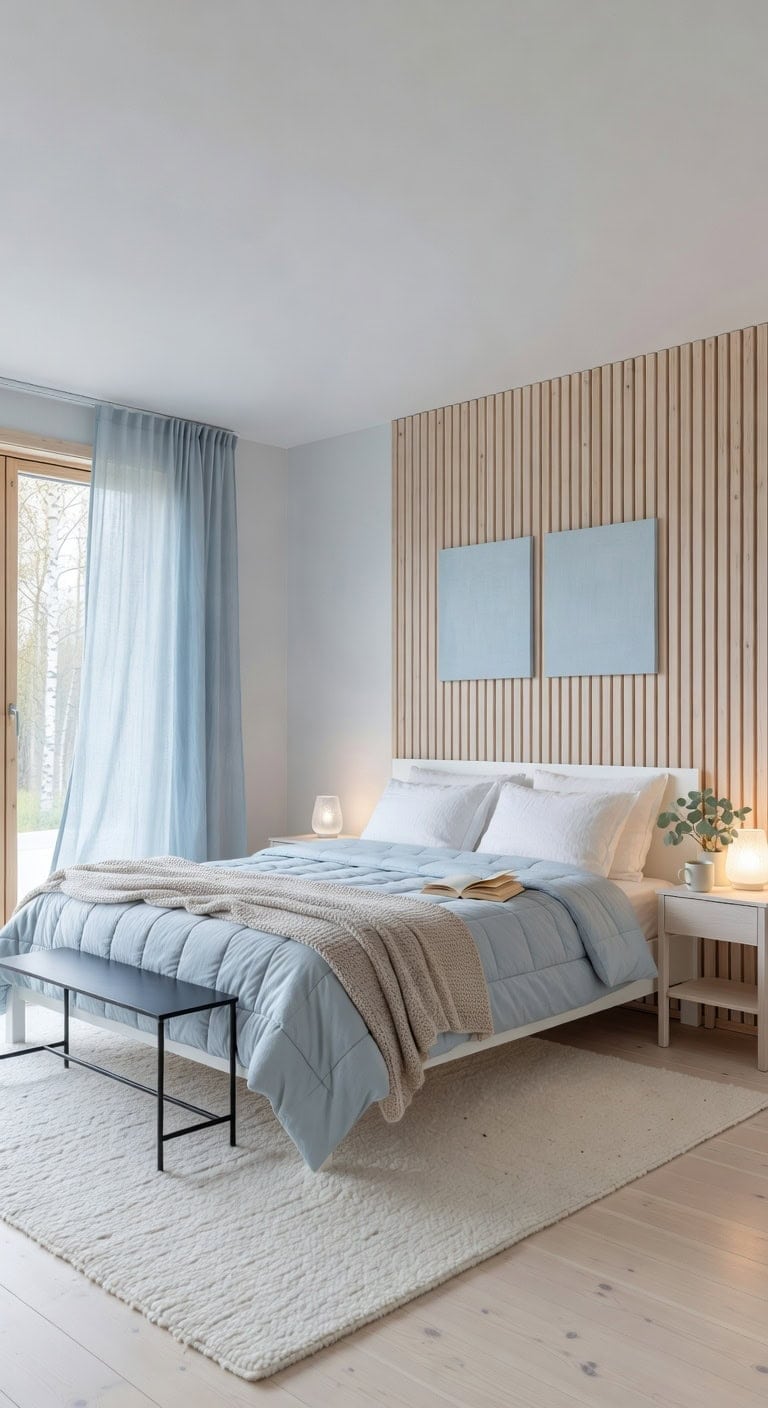 scandinavian pine lit blue bedroom