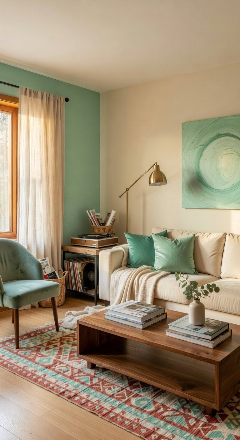 seafoam green eclectic living room