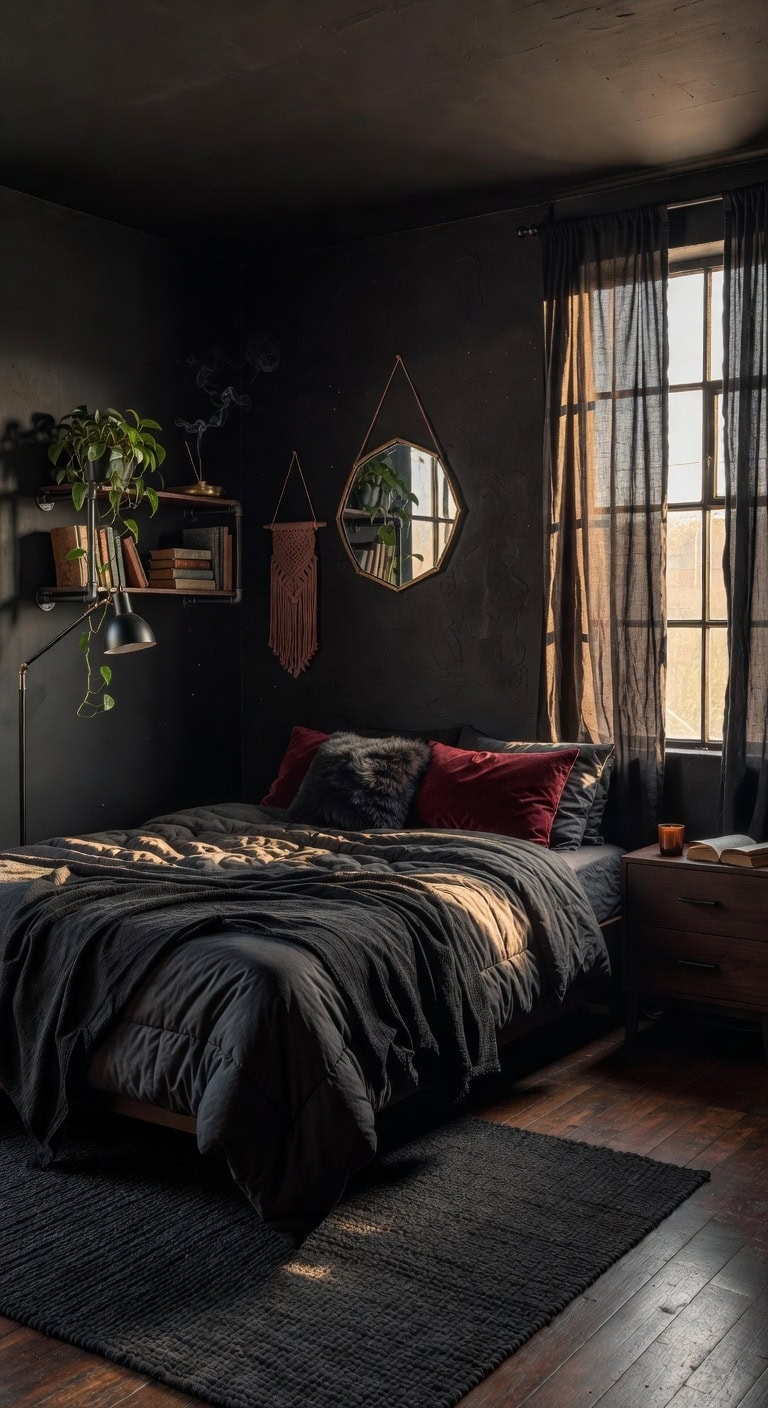 seductive industrial charcoal bedroom