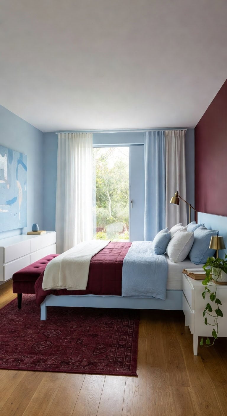 serene blue burgundy bedroom