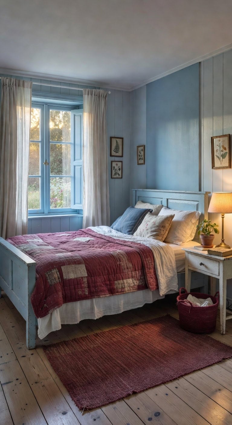 sky blue farmhouse bedroom