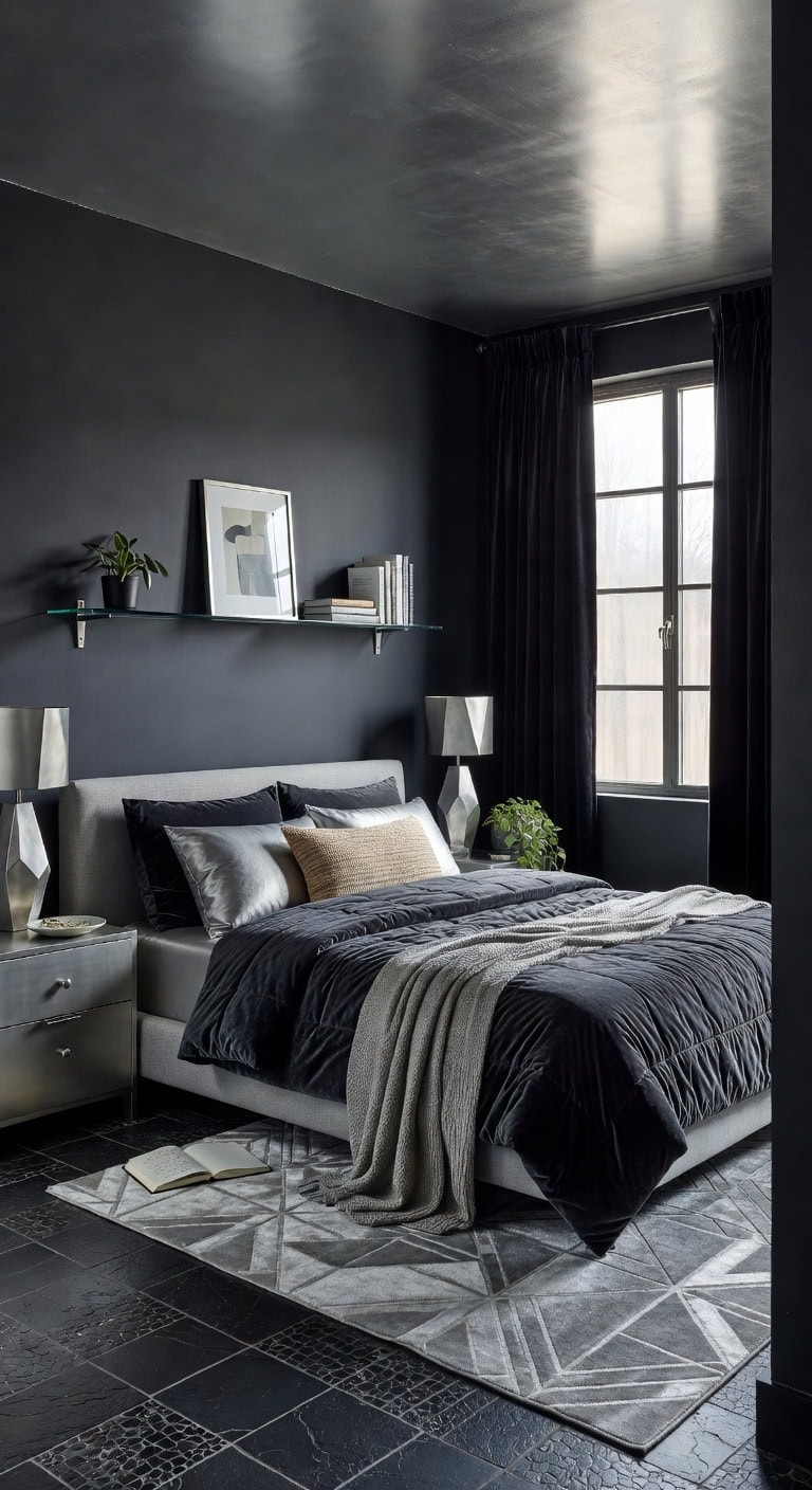 slate black silver bedroom