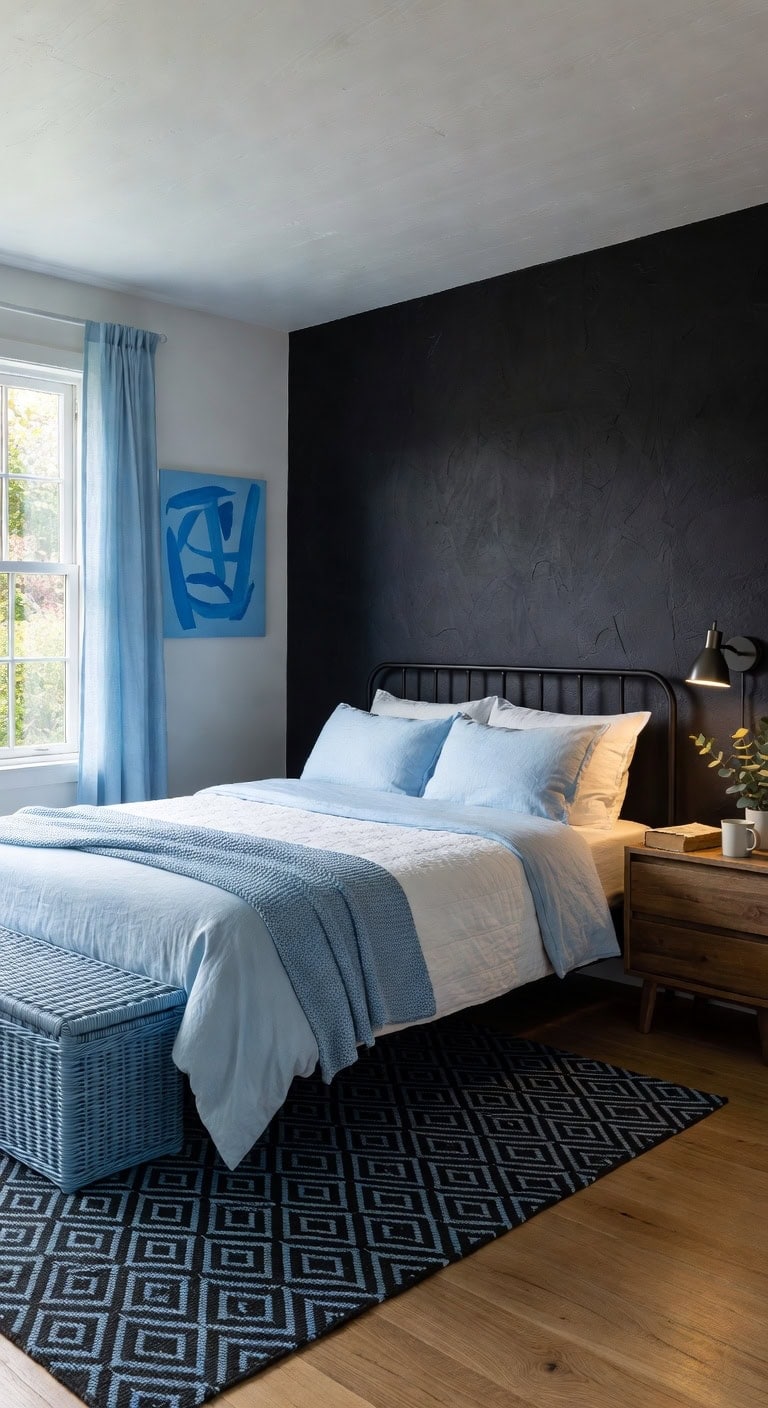 slate wall sky blue linens