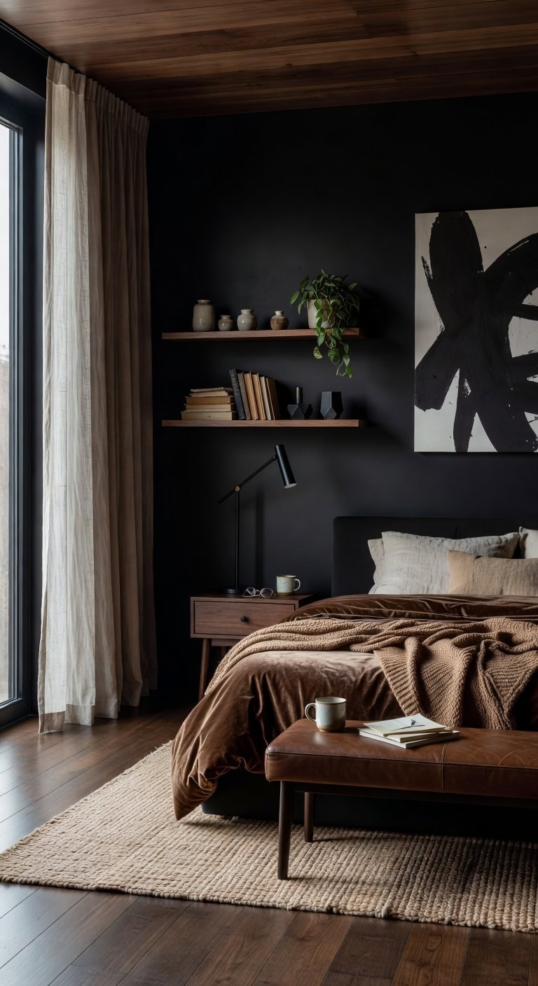 sleek black brown minimalist bedroom