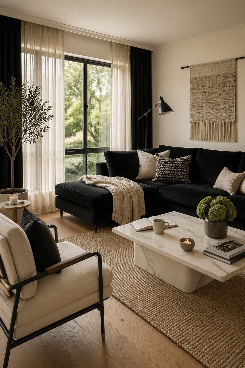 sleek black cream livingroom