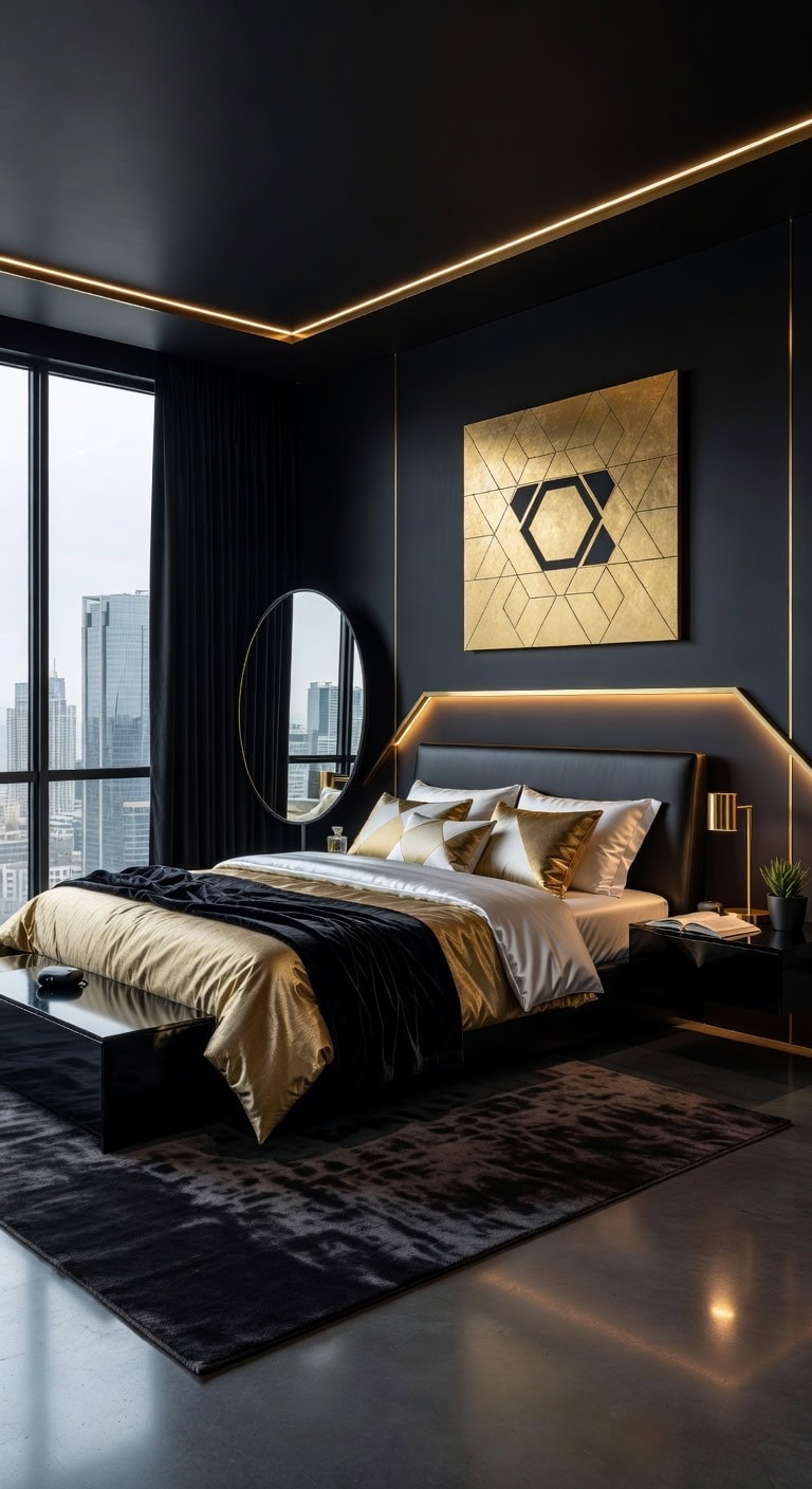 sleek black gold futuristic bedroom