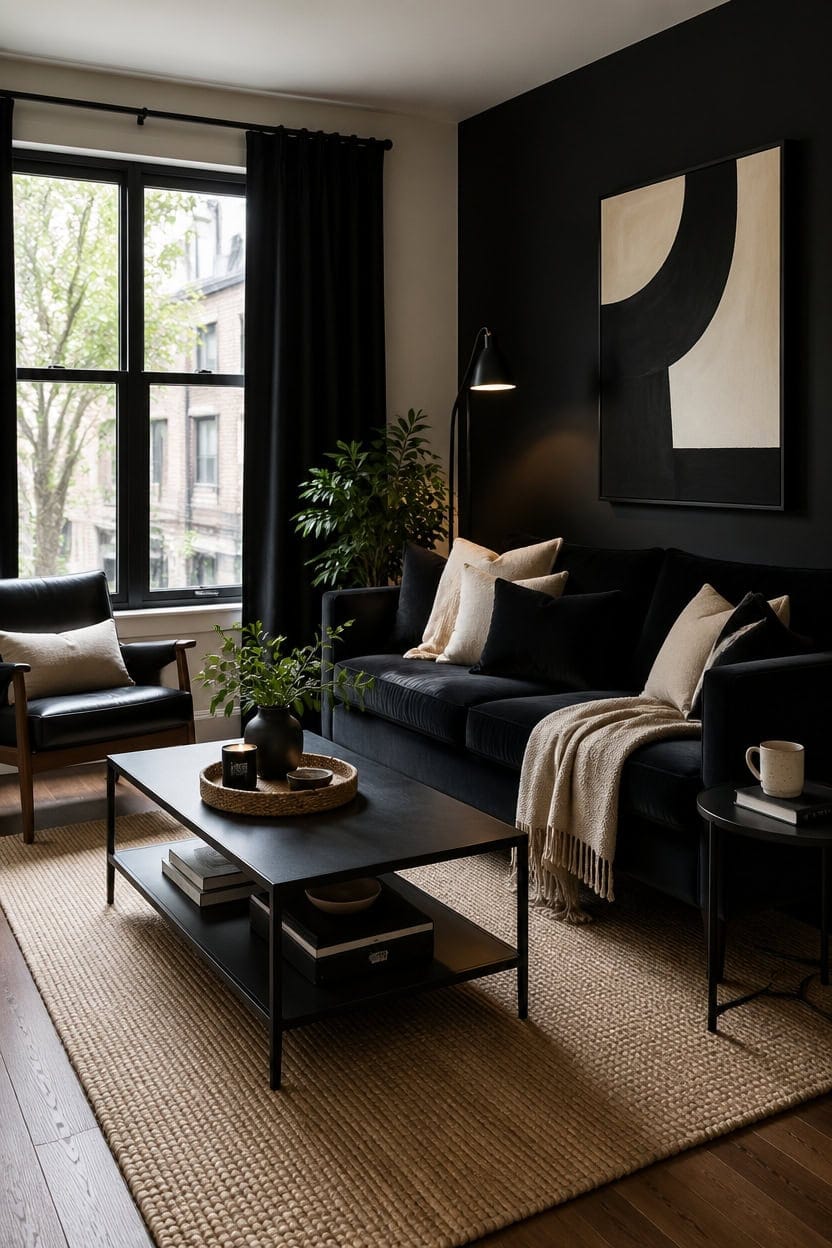 sleek black livingroom design