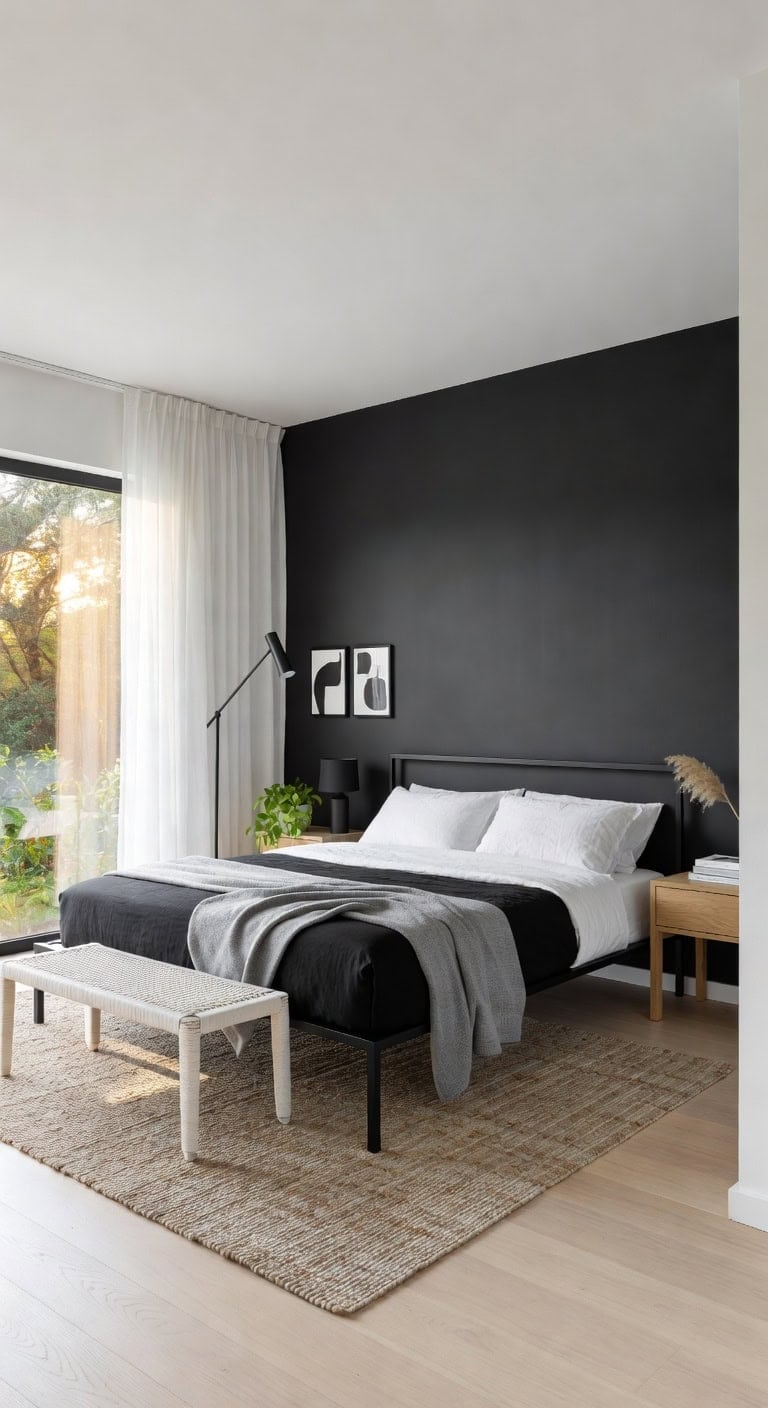 sleek black minimalist bedroom