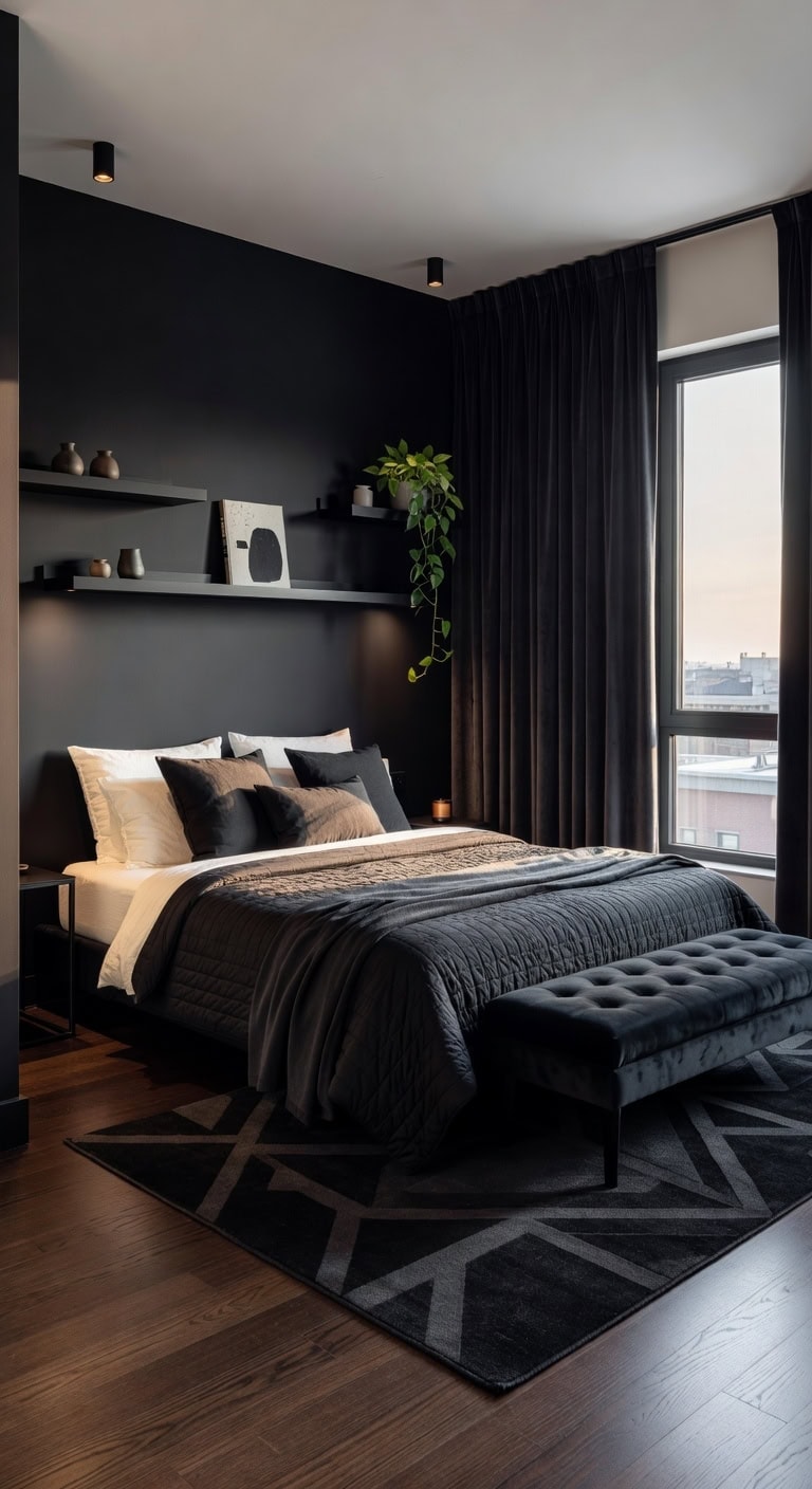 sleek black minimalist bedroom