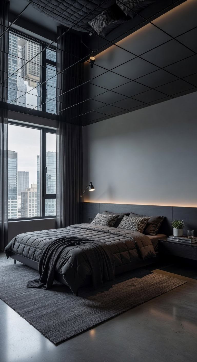 sleek black mirrored bedroom