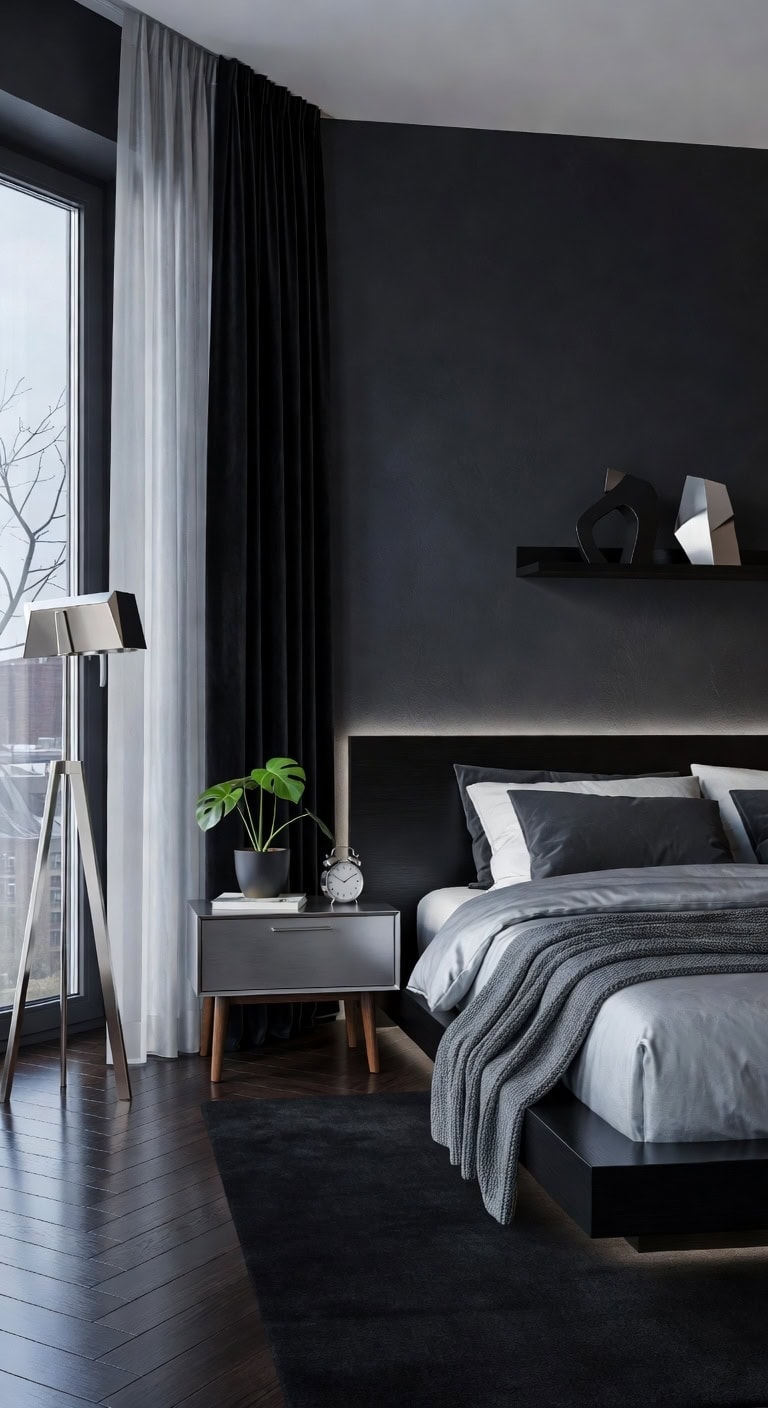 sleek black silver bedroom