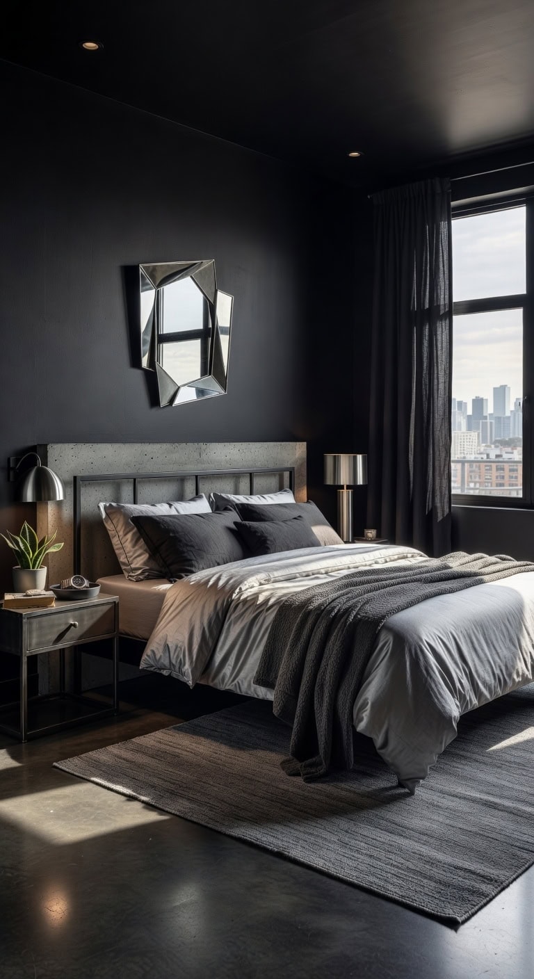 sleek black urban bedroom