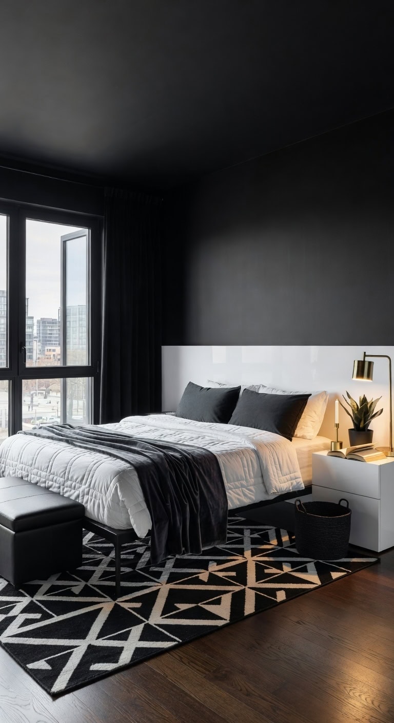 sleek black white bedroom
