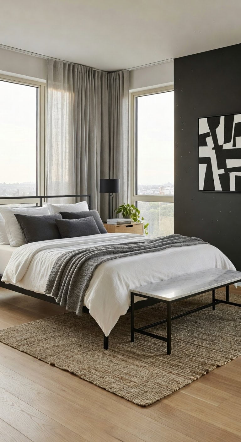 sleek black white grey bedroom