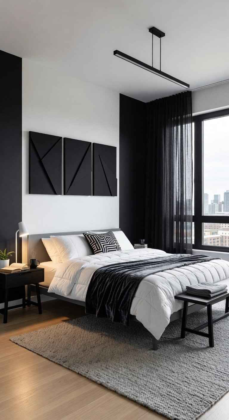 sleek black white minimalist bedroom