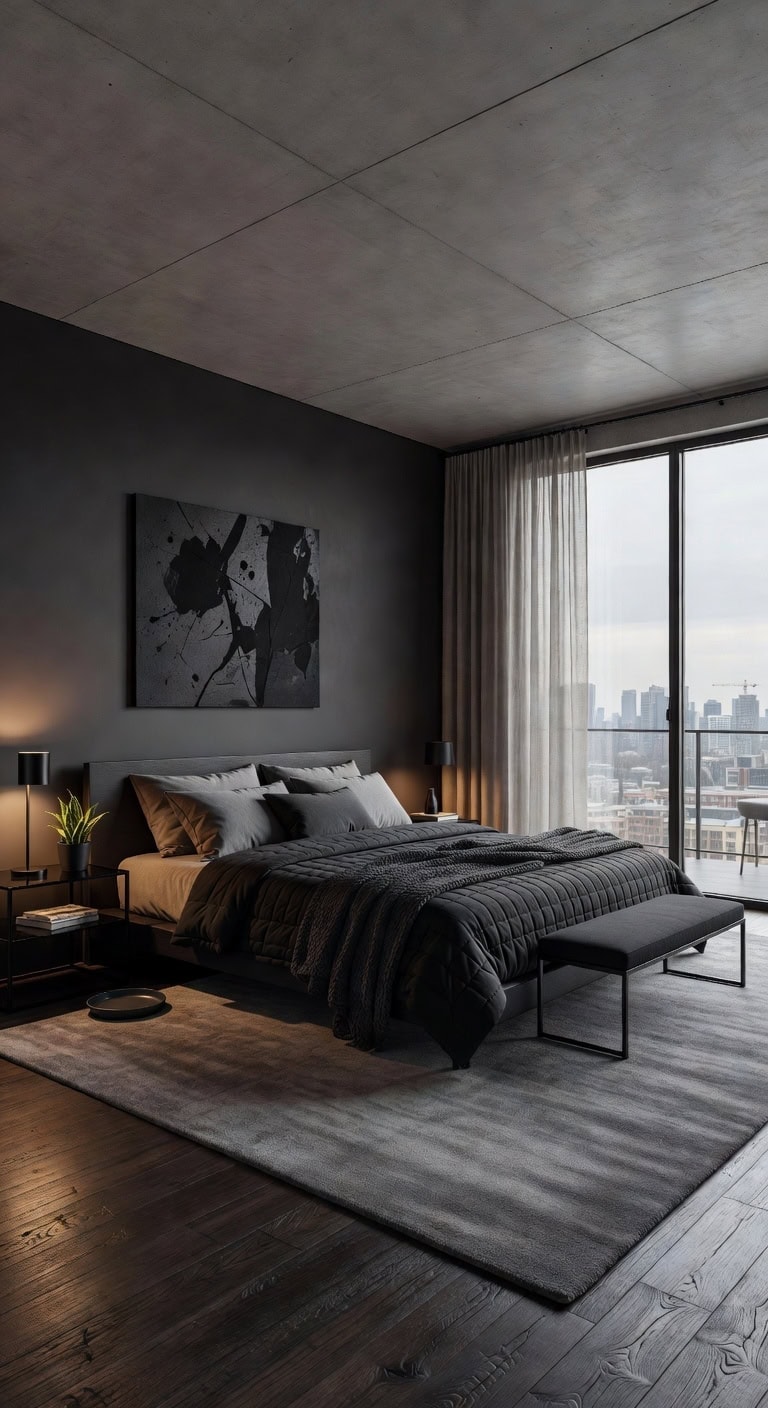 sleek glass concrete bedroom