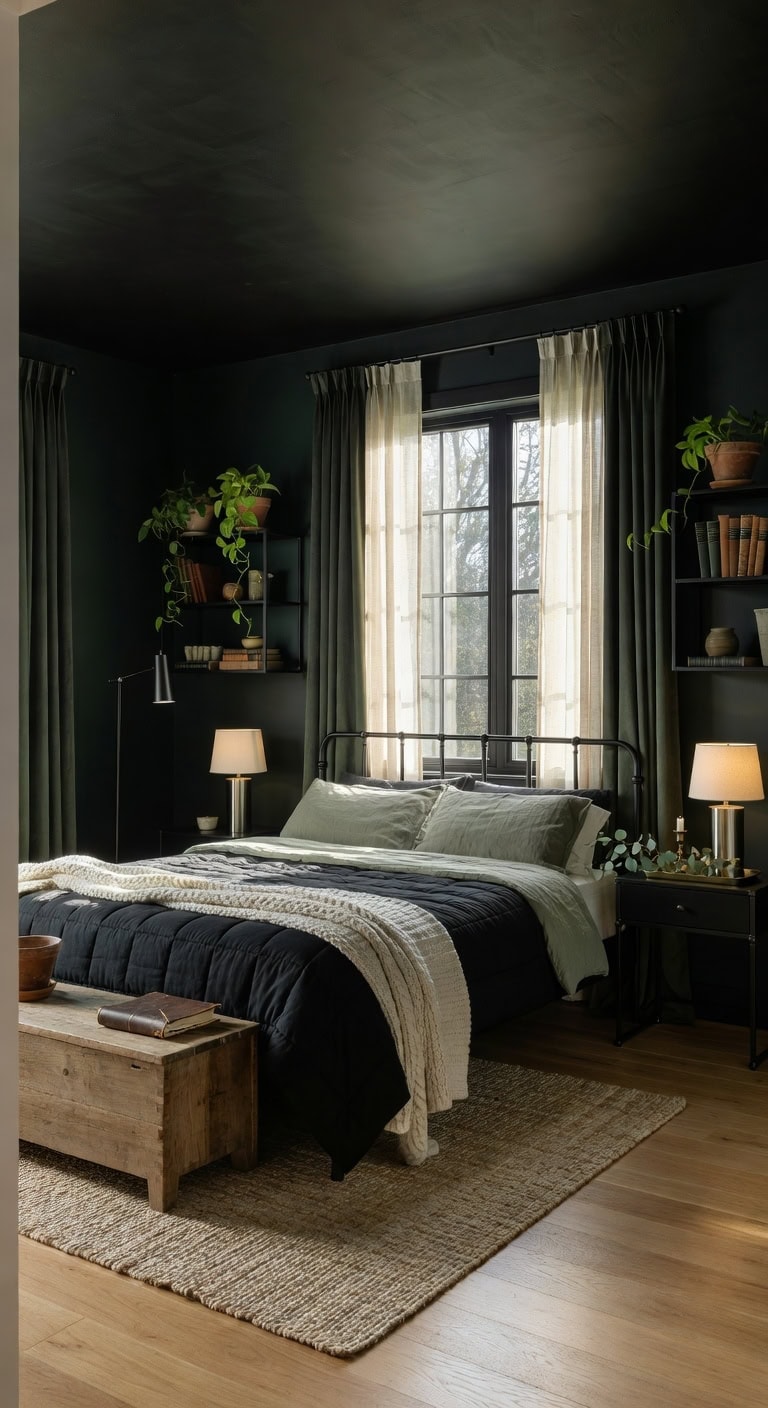 sleek green black farmhouse bedroom
