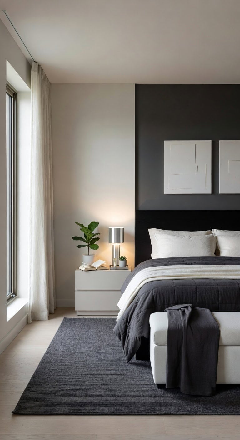 sleek ivory charcoal minimalist bedroom