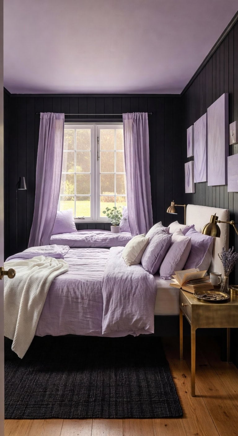 soft black lavender cottage bedroom