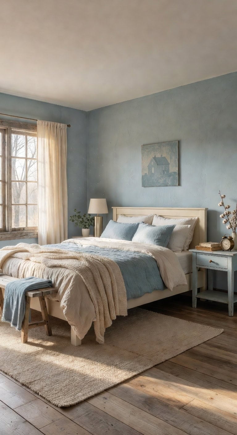 soft blue farmhouse bedroom