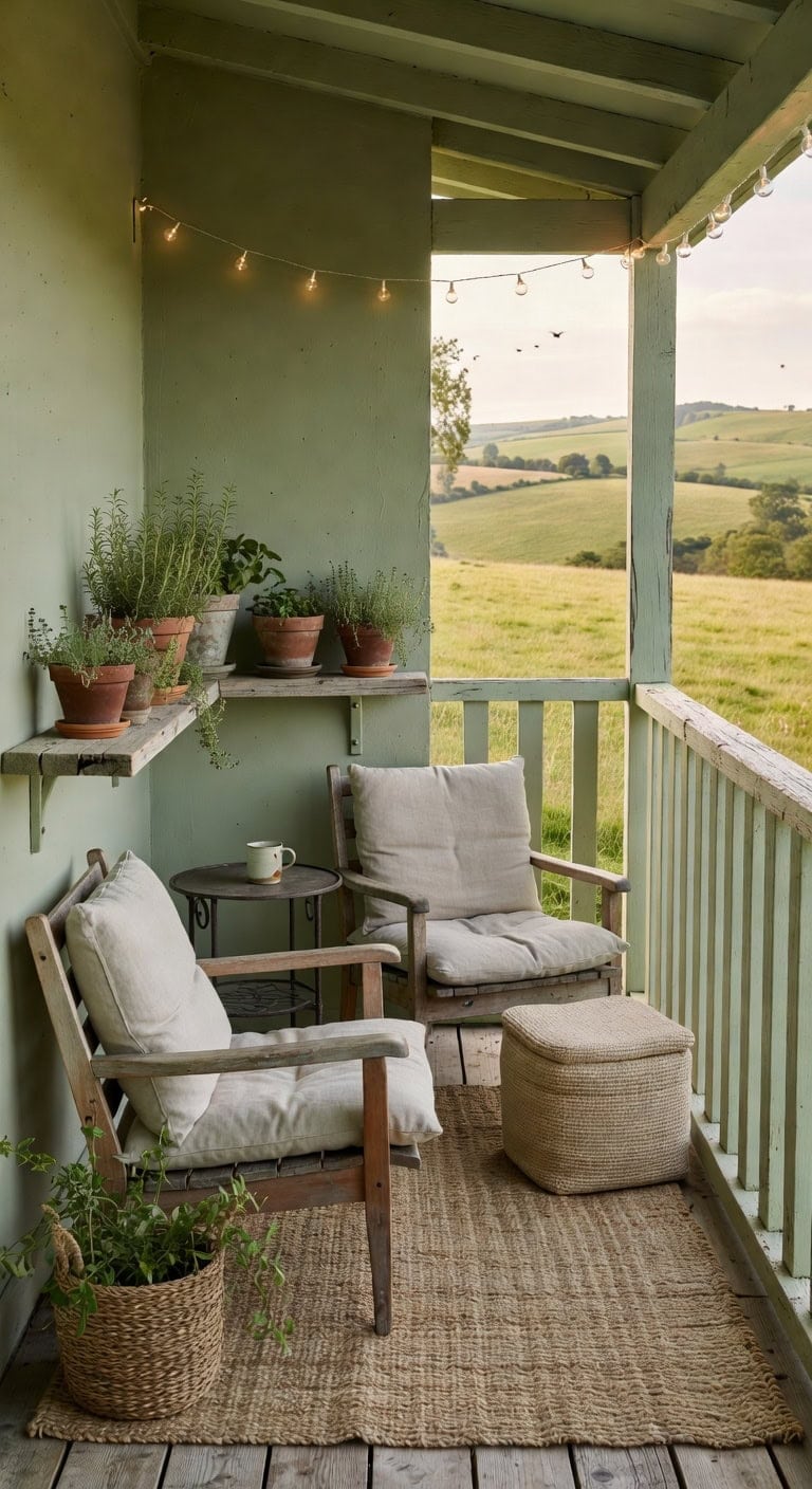 soft green rustic balcony nook