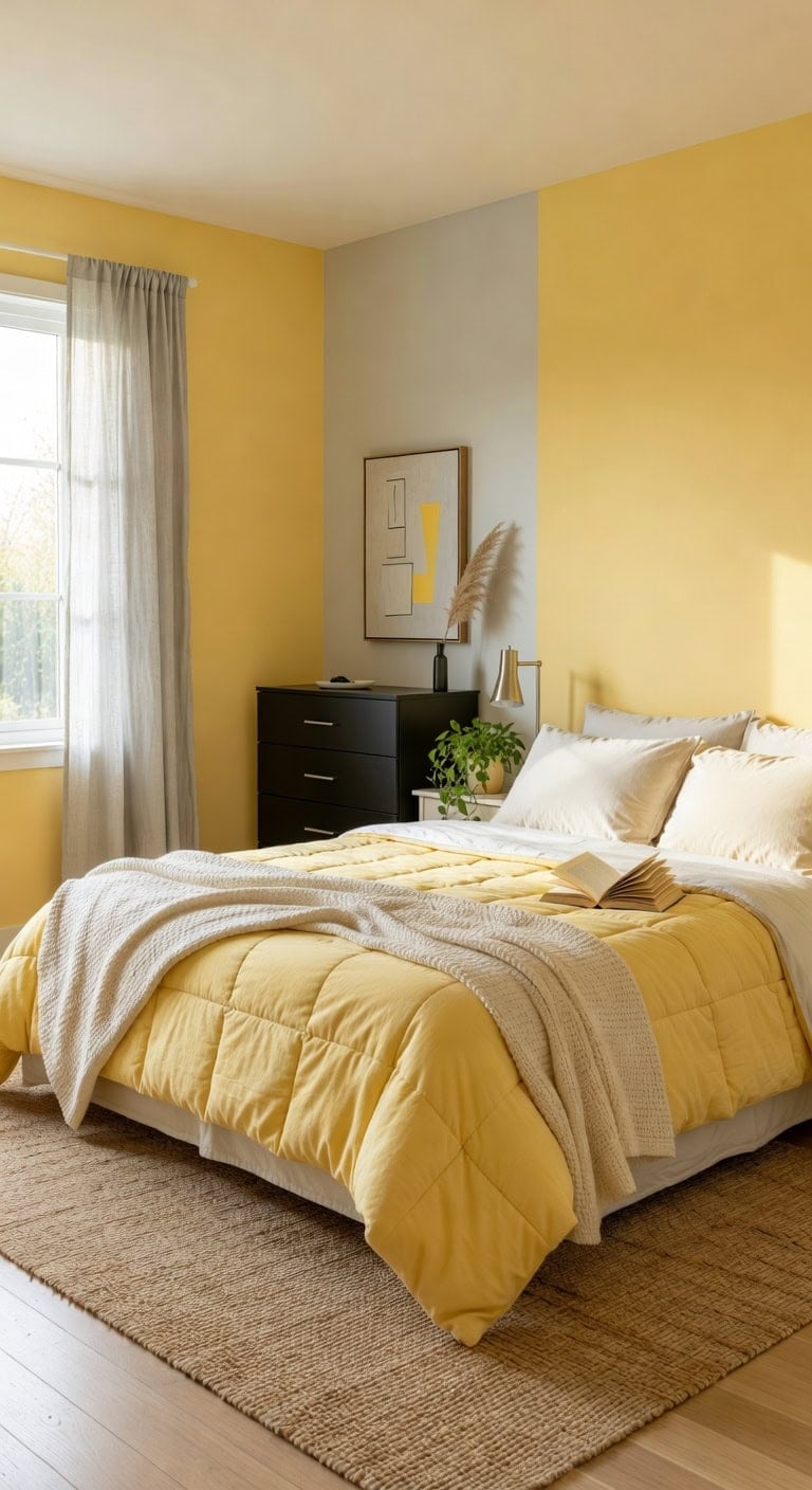 sunlit yellow gray minimalist bedroom