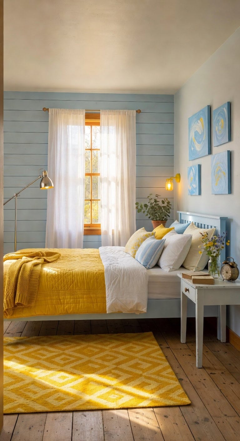 sunny blue farmhouse bedroom
