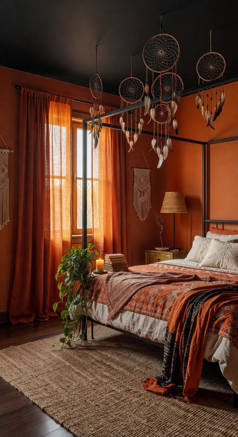 sunset orange bohemian bedroom