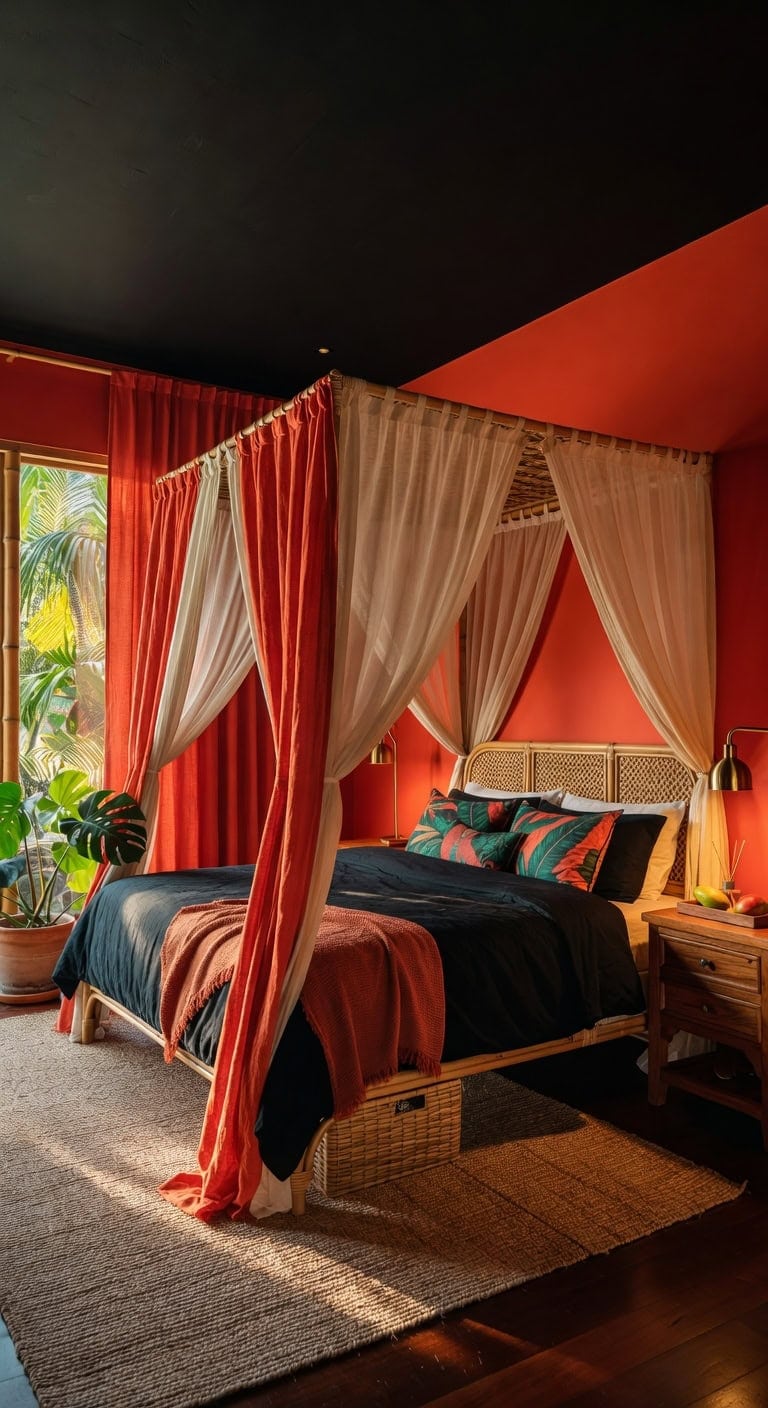 tangerine red tropical bedroom