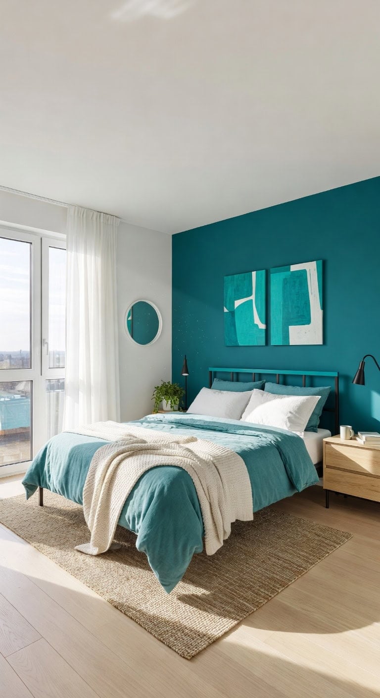 teal accented black metal bedroom